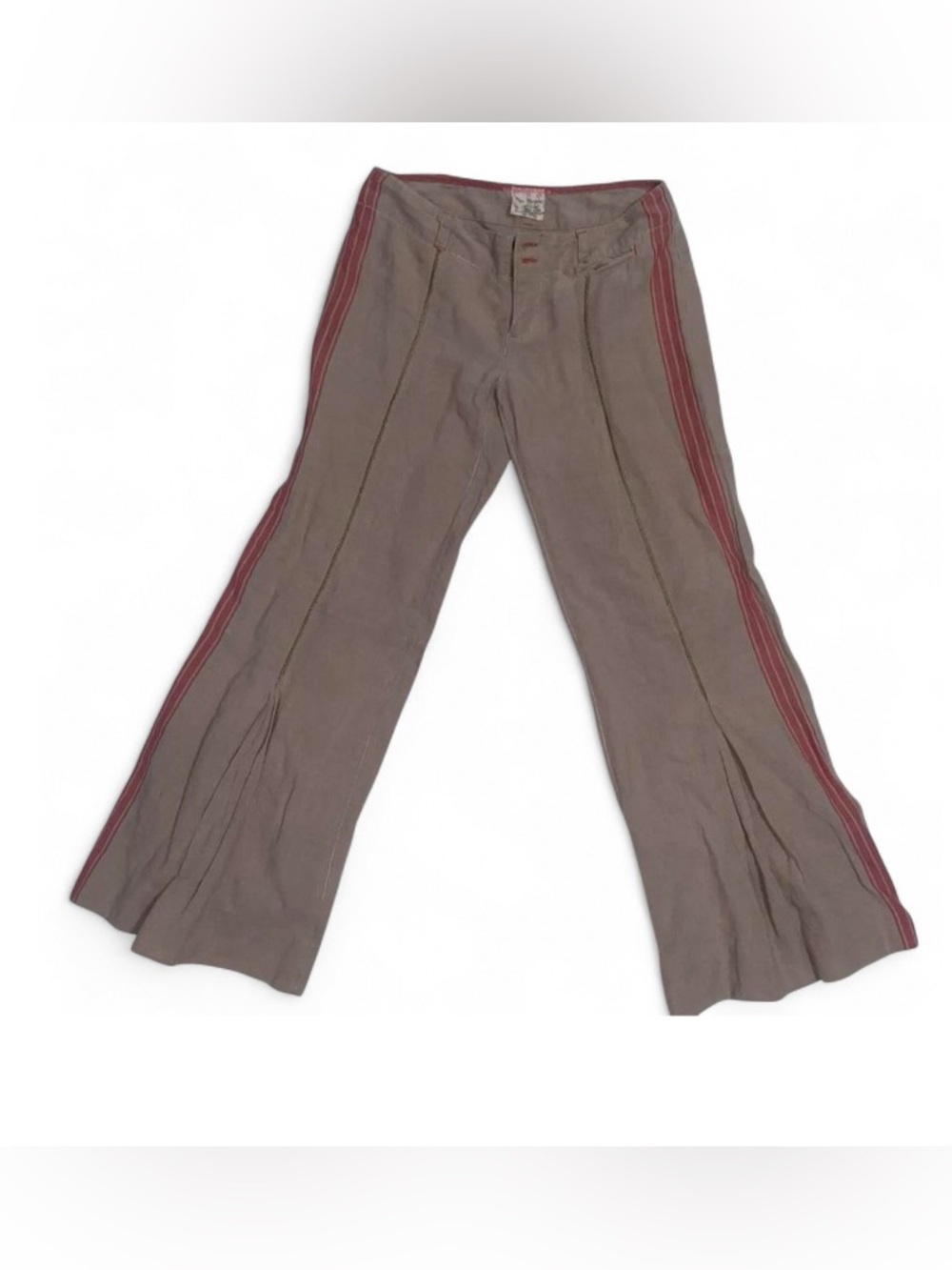Free People Brown Linen Wide Leg Pant with Red Side Stripes and Flared Bottom